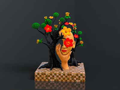 Tree Sculpture With Green Leaves Red Yellow Flowers Trunk Face Hand Holding Cheek Checkerboard Base 3d model