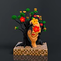 Tree Sculpture With Green Leaves Red Yellow Flowers Trunk Face Hand Holding Cheek Checkerboard Base