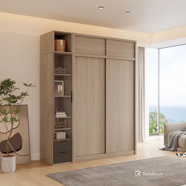 Modern Light Wood Wardrobe With Sliding Doors Open Shelves In Bright Sea View Room 3d model 