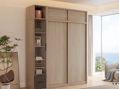 Modern Light Wood Wardrobe With Sliding Doors Open Shelves In Bright Sea View Room 3d model