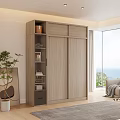 Modern Light Wood Wardrobe With Sliding Doors Open Shelves In Bright Sea View Room