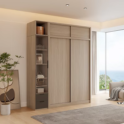 Modern Light Wood Wardrobe With Sliding Doors Open Shelves In Bright Sea View Room 3d model