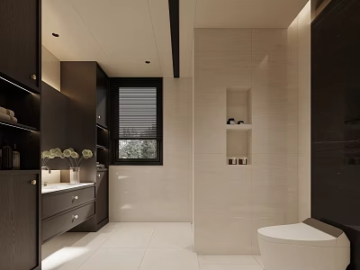 Modern Bathroom Interior Design With Dark Cabinets Light Tiles Vanity Toilet And Built in Niche 3d model