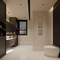 Modern Bathroom Interior Design With Dark Cabinets Light Tiles Vanity Toilet And Built in Niche