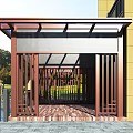Modern Outdoor Pavilion Design With Glass Roof Wooden Columns And Yellow Building