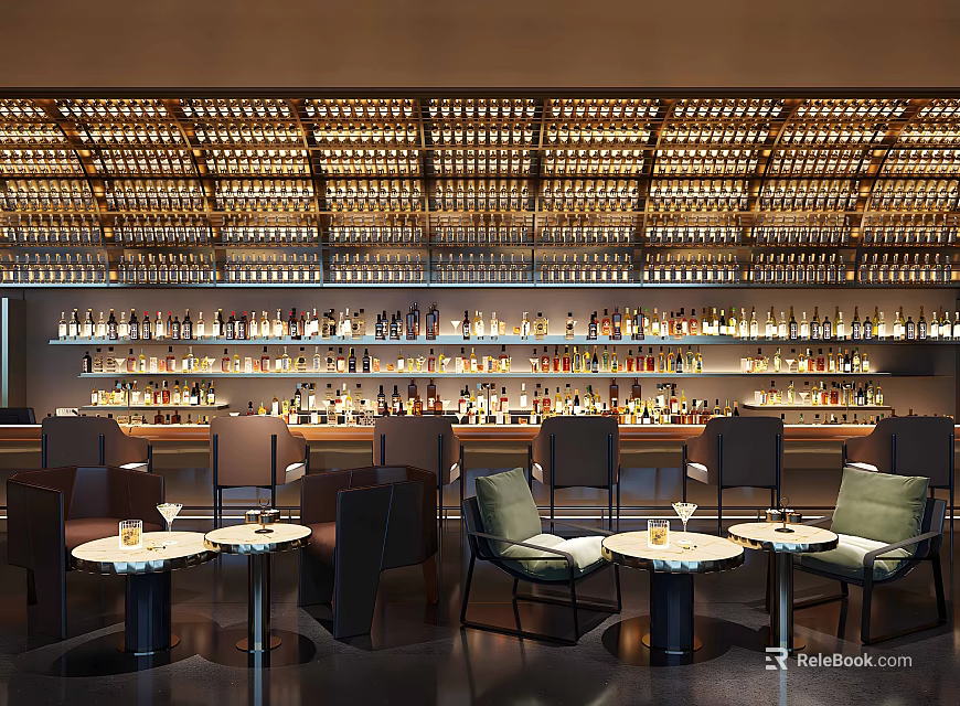Modern Bar Interior With Ceiling Wine Racks Bartender Counter And Seating 3d model 