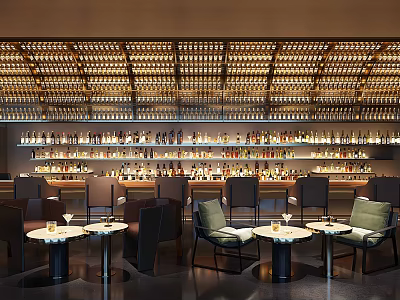 Modern Bar Interior With Ceiling Wine Racks Bartender Counter And Seating 3d model