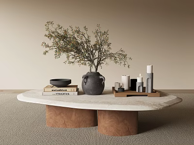 Coffee Table With Marble Top Wooden Cylindrical Legs Black Vase Branches Books Bowl Tray Candles 3d model
