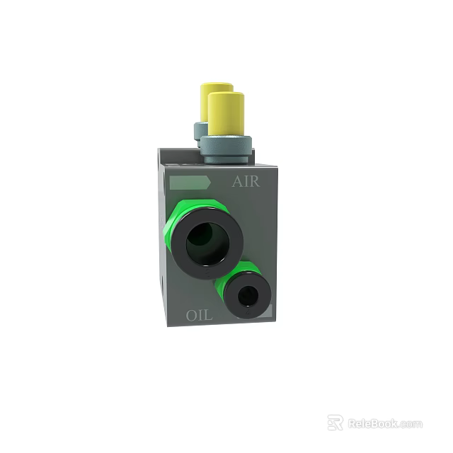 Industrial Air Oil Control Valve Gray Body With Yellow Knob And Green Ports 3d model 