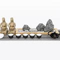 Zen Style Tea Set with Stone Statues Teapot Four Teacups Wooden Tray on Bamboo Mat
