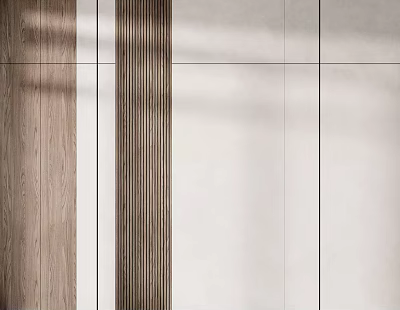 Modern Accent Wall Design With Wooden Vertical Stripes And White Panels 3d model