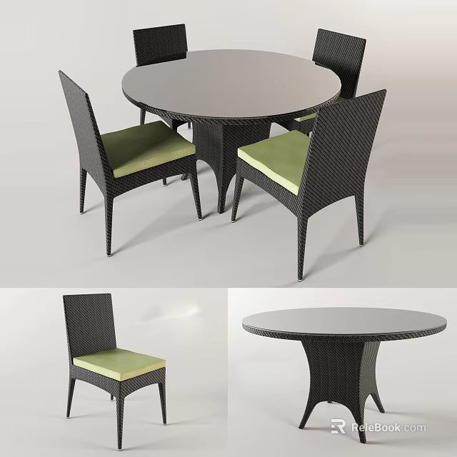 Round Black Woven Dining Table Set With Four Green Cushioned Chairs 3d model