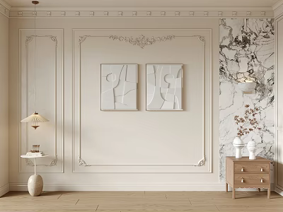 Cream Colored Sofa Background Wall Interior With Decorative Moldings Abstract Artworks And Marble Texture 3d model