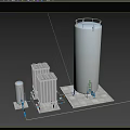 Industrial Equipment System With Tall Cylindrical Tank Rectangular Units Base Platform And Connecting Pipes
