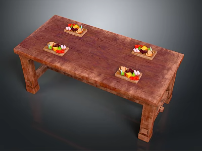 Rustic Wooden Long Dining Table With Four Trays Of Fresh Fruits And Vegetables 3d model