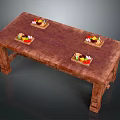 Rustic Wooden Long Dining Table With Four Trays Of Fresh Fruits And Vegetables