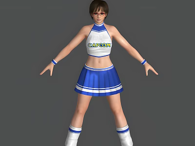 A Woman Posing in Cheerleader Outfit With CAPCOM Printed Top Blue Skirt and White Socks 3d model
