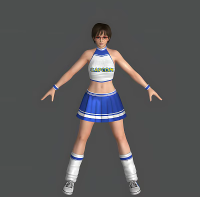 A Woman Posing in Cheerleader Outfit With CAPCOM Printed Top Blue Skirt and White Socks 3d model