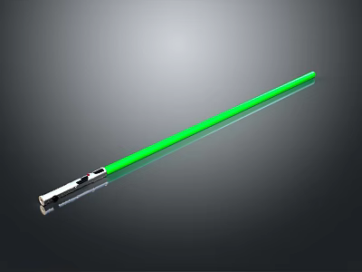 Green Glowing Lightsaber With Metallic Hilt On Black Reflective Surface 3d model