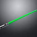 Green Glowing Lightsaber With Metallic Hilt On Black Reflective Surface