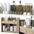 Wooden Sideboard With Drawers Open Shelves Vases Stacked Plates And Glassware