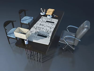 Stylish Hinged Door In Room With Table Chairs Chessboard And Wooden Blocks 3d model