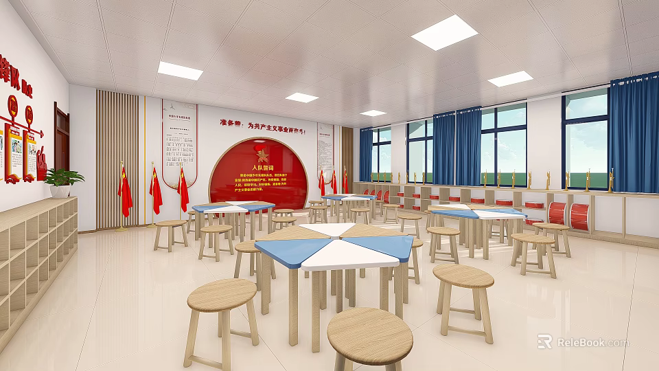 School Classroom With Red Flags Slogan Board Tables Stools And Bright Windows 3d model