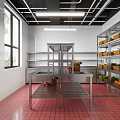 Restaurant Kitchen Interior with Stainless Steel Worktables Fresh Ingredients Red Tiled Flooring and White Walls
