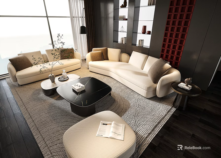 Modern Beige Sofa and Black Coffee Table Set with Soft Rug Floor Lamp and Bookshelf 3d model 