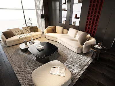 Modern Beige Sofa and Black Coffee Table Set with Soft Rug Floor Lamp and Bookshelf 3d model