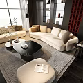 Modern Beige Sofa and Black Coffee Table Set with Soft Rug Floor Lamp and Bookshelf