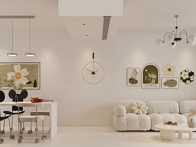 Modern Minimalist Dining Living Room Interior With White Sofa Dining Table Pendant Lights Wall Clock 3d model