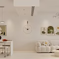 Modern Minimalist Dining Living Room Interior With White Sofa Dining Table Pendant Lights Wall Clock