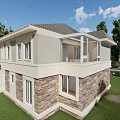 Two Story Detached Villa With Gray Roof Stone Wood Exterior Green Lawn And Trees