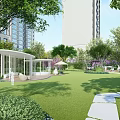 Modern Pergola Design With Curved White Frame Wooden Deck And Hanging Decorations
