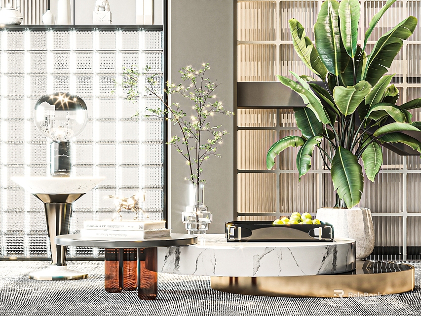 Modern Marble Coffee Table with Large Green Plant Vase Fruit Tray and Decor 3d model 