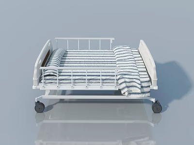 Modern White Hospital Bed With Striped Sheets Metal Frame And Wheels 3d model