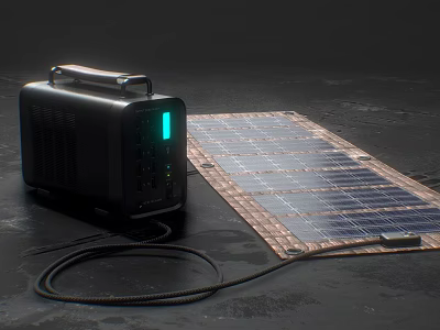 Hardware Tools Portable Power Station Connected With Solar Panel And Green Indicator Light 3d model
