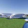 Contemporary Curved Architecture Aerial View Featuring Green Landscape Roadways And Water Features