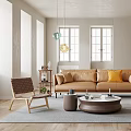Beige Living Room Interior With Arched Doorway Brick Bookshelf Brown Sofa And Yellow Cushions
