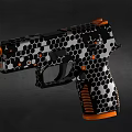 Modern Tactical Pistol with Black White Honeycomb Pattern and Orange Accents Textured Grip Design