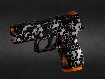 Modern Tactical Pistol with Black White Honeycomb Pattern and Orange Accents Textured Grip Design 3d model