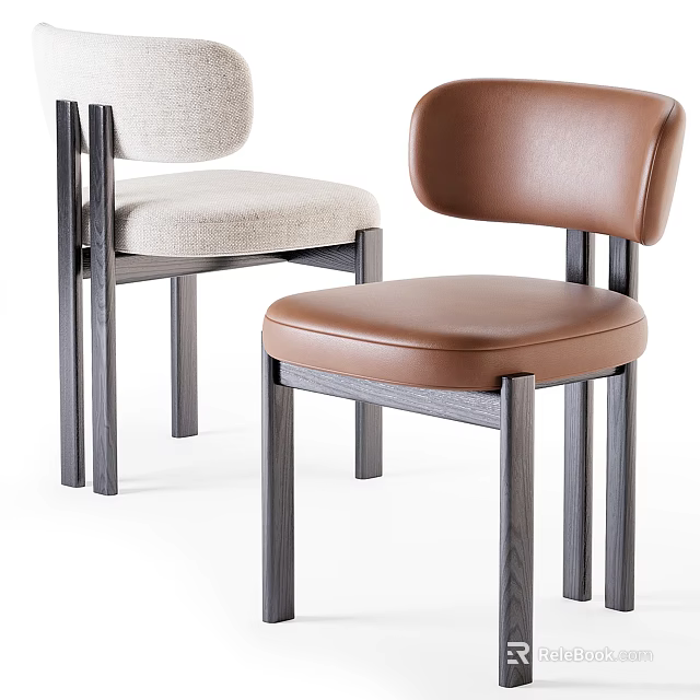 Modern Dining Chairs With Light Fabric And Brown Leather Dark Wooden Legs 3d model 