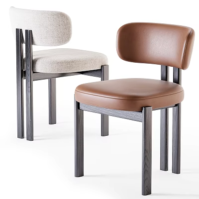 Modern Dining Chairs With Light Fabric And Brown Leather Dark Wooden Legs 3d model