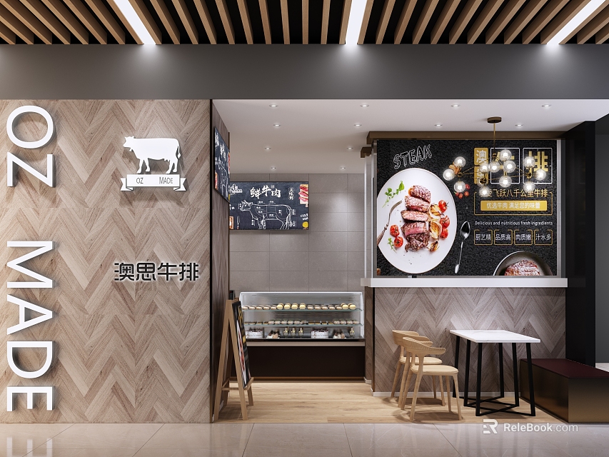 Modern Steak Restaurant with Wooden Wall Display Case Menu Board and Dining Tables 3d model 