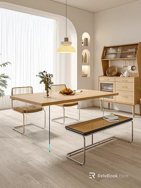 Modern Wooden Dining Table Set With Chairs Bench Cabinet Pendant Light And Plant 3d model 