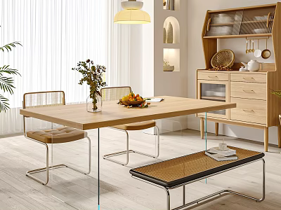 Modern Wooden Dining Table Set With Chairs Bench Cabinet Pendant Light And Plant 3d model