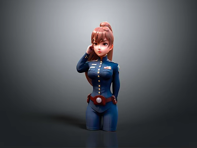 Game Movie Female Character With Brown Hair Ponytail Blue Uniform Gold Buttons Saluting Pose 3d model