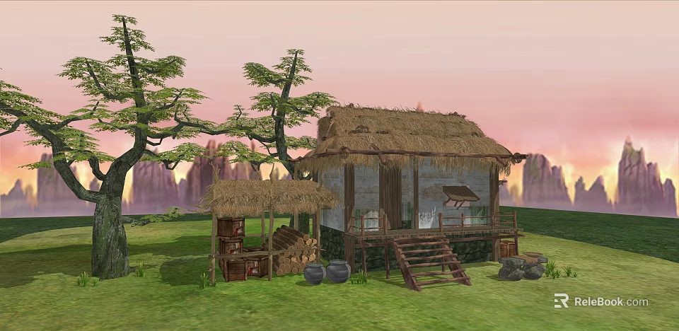 Rustic Thatched Roof Cottage With Wooden Stairs And Storage Barrels In Green Grassland 3d model 