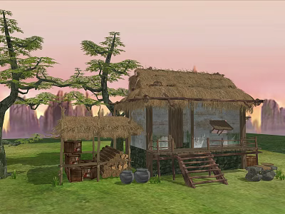 Rustic Thatched Roof Cottage With Wooden Stairs And Storage Barrels In Green Grassland 3d model